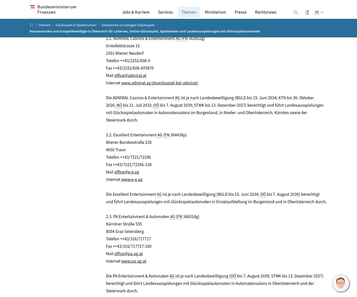 Gespeicherte Aufnahme des BMF-Verzeichnisses zu Konzessionären und Bewilligungen