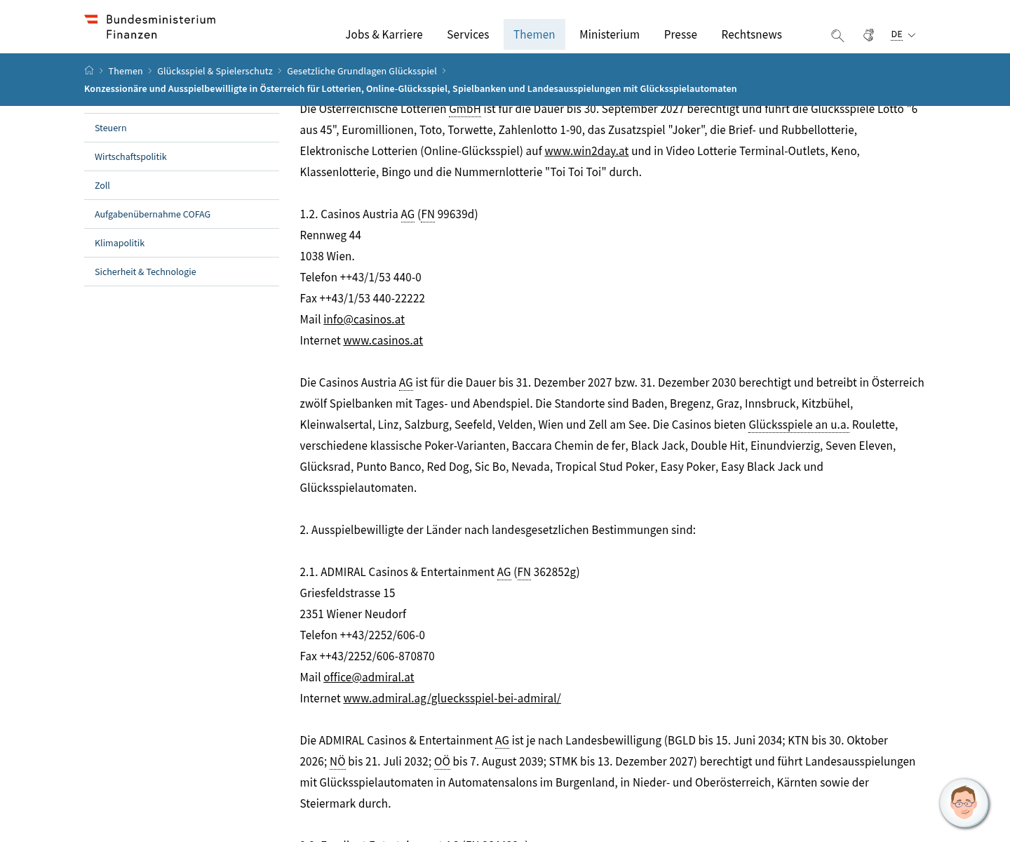 Amtlicher BMF-Nachweis zur österreichischen Konzessionslage